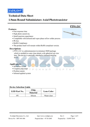 PT91-21C datasheet - 1.9mm Round Subminiature Axial Phototransistor