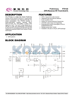PT9120 datasheet - GPS Receiver RF Front End IC