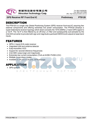 PT9120-QF24 datasheet - GPS Receiver RF Front End IC