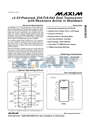 MAX563 datasheet - 3.3V-Powered, EIA/TIA-562 Dual Transceiver with Receivers Active in Shutdown