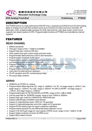 PT9202-LQ datasheet - DVD Analog Front-End