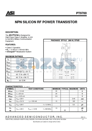 PT9700 datasheet - NPN SILICON RF POWER TRANSISTOR