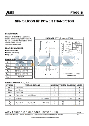 PT9701B datasheet - NPN SILICON RF POWER TRANSISTOR