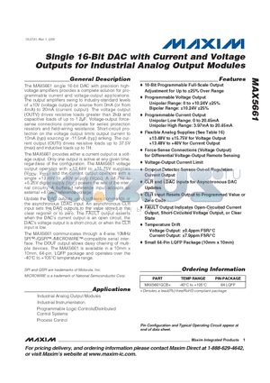 MAX5661GCB+ datasheet - Single 16-Bit DAC with Current and Voltage Outputs for Industrial Analog Output Modules