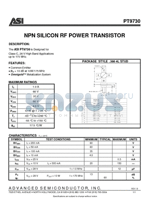 PT9730 datasheet - NPN SILICON RF POWER TRANSISTOR