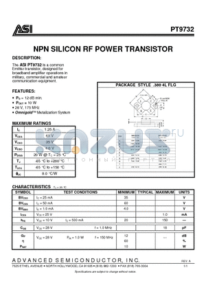 PT9732 datasheet - NPN SILICON RF POWER TRANSISTOR