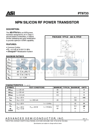 PT9733 datasheet - NPN SILICON RF POWER TRANSISTOR