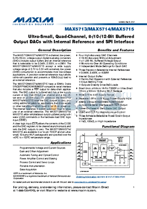 MAX5713 datasheet - Ultra-Small, Quad-Channel, 8-/10-/12-Bit Buffered Output DACs with Internal Reference and SPI Interface