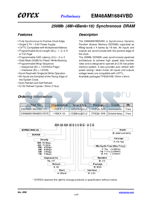 EM48AM1684VBD-75F datasheet - 256Mb (4M4Bank16) Synchronous DRAM