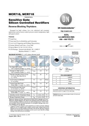 MCR718 datasheet - Sensitive Gate Silicon Controlled Rectifiers(SCRs 4.0 AMPERES RMS 400 - 600 VOLTS)