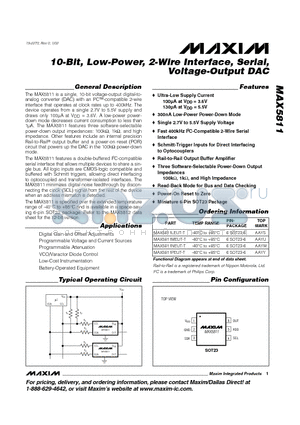 MAX5811 datasheet - 10-Bit, Low-Power, 2-Wire Interface, Serial, Voltage-Output DAC