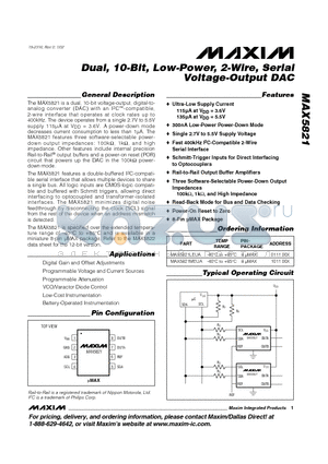 MAX5821 datasheet - Dual, 10-Bit, Low-Power, 2-Wire, Serial Voltage-Output DAC