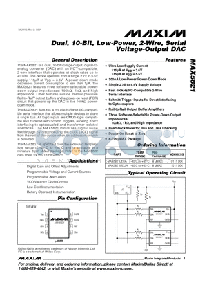 MAX5821MEUA datasheet - Dual, 10-Bit, Low-Power, 2-Wire, Serial Voltage-Output DAC