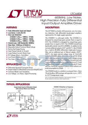 LTC6404 datasheet - 600MHz, Low Noise, High Precision Fully Differential Input/Output Amplifi er/Driver