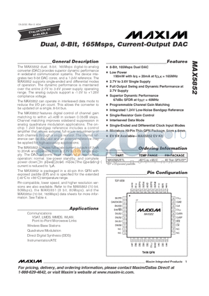 MAX5852 datasheet - Dual, 8-Bit, 165Msps, Current-Output DAC