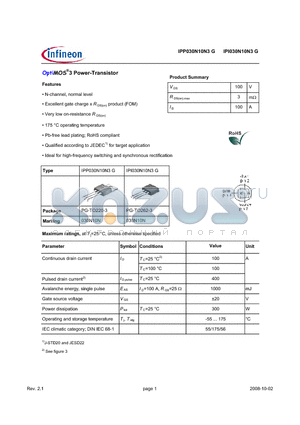 IPP030N10N3G datasheet - OptiMOS3 Power-Transistor