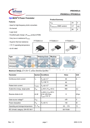 IPP03N03LA datasheet - OptiMOS 2 Power-Transistor