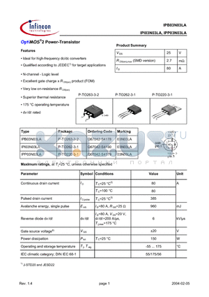 IPP03N03LA datasheet - OptiMOS 2 Power-Transistor