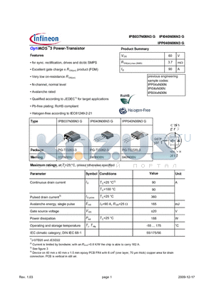 IPP040N06N3G datasheet - OptiMOS3 Power-Transistor Features for sync. rectification, drives and dc/dc SMPS