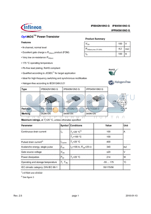 IPP045N10N3G datasheet - OptiMOS3 Power-Transistor
