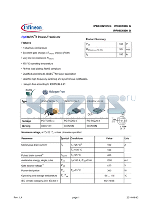 IPP04CN10NG datasheet - OptiMOS2 Power-Transistor