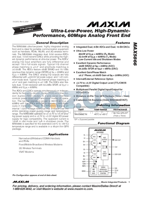 MAX5866ETM datasheet - Ultra-Low-Power, High-Dynamic- Performance, 60Msps Analog Front End