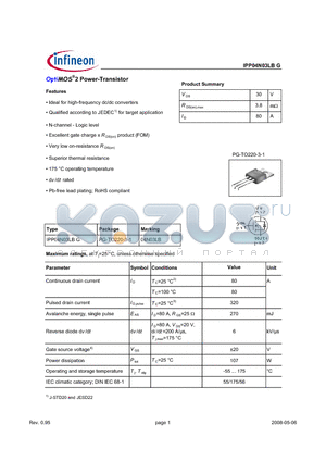 IPP04N03LBG datasheet - OptiMOS2 Power-Transistor