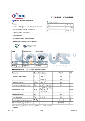 IPP050N06NG datasheet - OptiMOS Power-Transistor Features For fast switching converters and sync. rectification