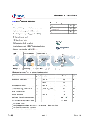 IPP057N06N3G datasheet - OptiMOS3 Power-Transistor