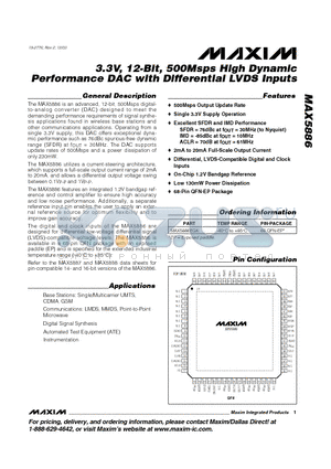 MAX5886 datasheet - 3.3V, 12-Bit, 500Msps High Dynamic Performance DAC with Differential LVDS Inputs