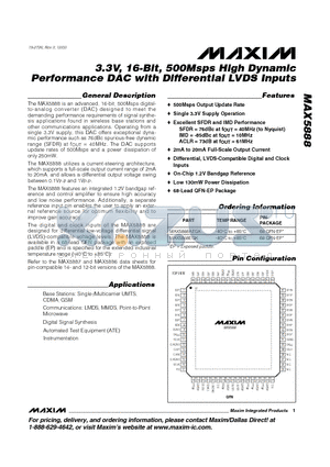 MAX5888 datasheet - 3.3V, 16-Bit, 500Msps High Dynamic Performance DAC with Differential LVDS Inputs