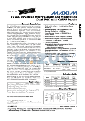 MAX5895 datasheet - 16-Bit, 500Msps Interpolating and Modulating Dual DAC with CMOS Inputs