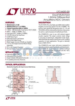 LTC6420-20 datasheet - Dual Matched 1.8GHz Differential Amplifi ers/ADC Drivers