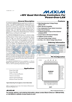 MAX5913AEMH+ datasheet - 48V Quad Hot-Swap Controllers For Power-Over-LAN