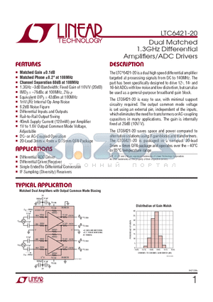 LTC6421IUDC-20-PBF datasheet - Dual Matched 1.3GHz Differential Amplifi ers/ADC Drivers