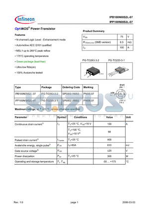 IPP100N08S2L-07 datasheet - OptiMOS^ Power-Transistor