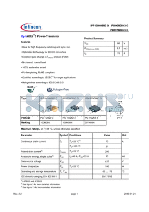 IPP100N08N3G datasheet - OptiMOS3 Power-Transistor Features Ideal for high frequency switching and sync. rec.