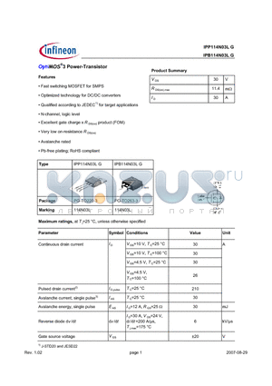 IPP114N03LG datasheet - OptiMOS3 Power-Transistor