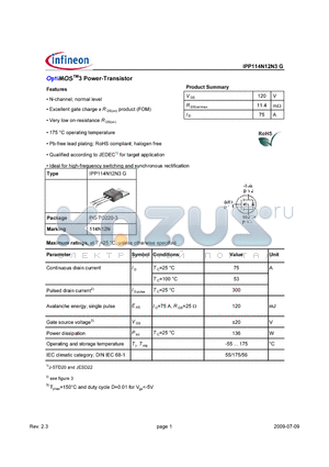 IPP114N12N3G datasheet - OptiMOS3 Power-Transistor