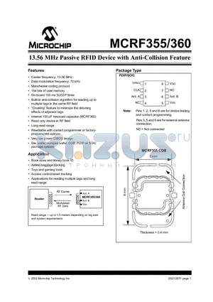 MCRF355 datasheet - 13.56 MHz Passive RFID Device with Anti-Collision Feature