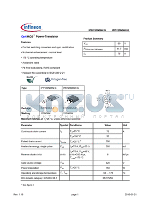 IPP120N06NG datasheet - OptiMOS Power-Transistor