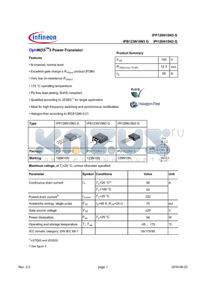 IPP126N10N3G datasheet - OptiMOSTM3 Power-Transistor