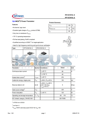 IPP12CN10LG datasheet - OptiMOS2 Power-Transistor