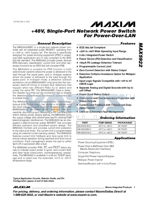 MAX5922CEUI datasheet - 48V, Single-Port Network Power Switch For Power-Over-LAN