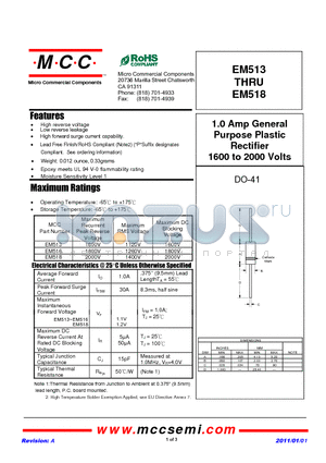 EM513 datasheet - 1.0 Amp General Purpose Plastic Rectifier 1600 to 2000 Volts