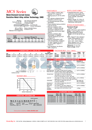 MCS1632R010FER datasheet - Metal Element Current Sense Resistive Metal Alloy mOhm Technology, SMD