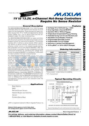 MAX5925DEUB datasheet - 1V to 13.2V, n-Channel Hot-Swap Controllers Require No Sense Resistor
