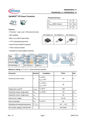 IPP45P03P4L-11 datasheet - OptiMOS-P2 Power-Transistor