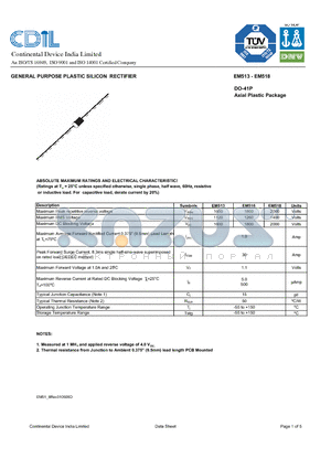 EM516 datasheet - GENERAL PURPOSE PLASTIC SILICON RECTIFIER