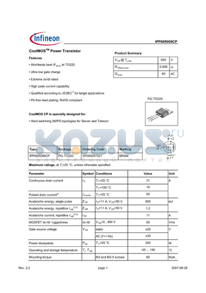 IPP60R099CP datasheet - CoolMOSTM Power Transistor